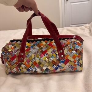 Designer bag made out of recycled Mexican candy wrappers